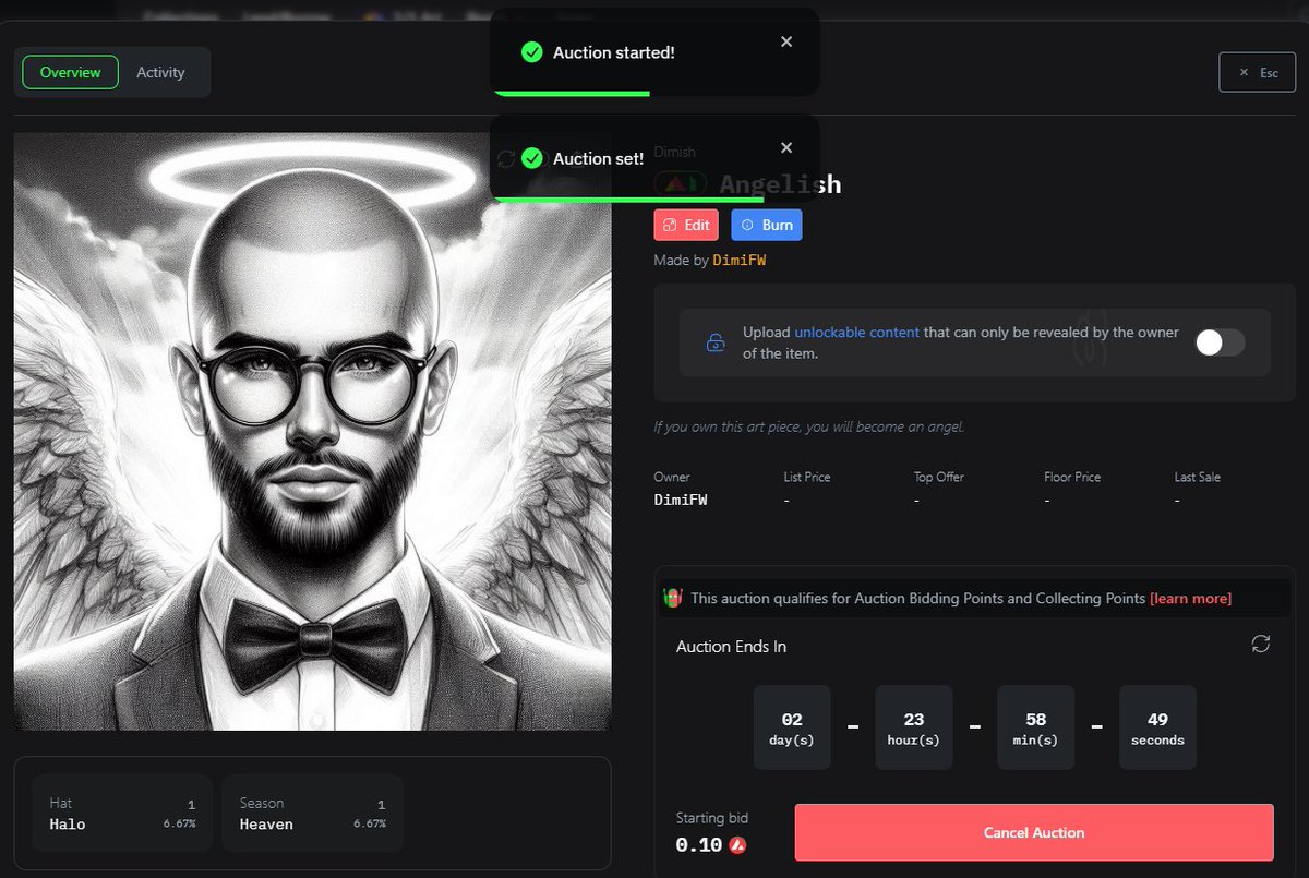 DimiFW's tweet photo. The next auction for a @DimishAvax NFT is live on @salvor_io

https://t.co/izL6KKEPyS

"Angelish" on auction for 3 days, starting bid at 0.1 AVAX.  Everyone who bids will get 10k $DISH sent after the auction ends. https://t.co/FcdzvG5duH