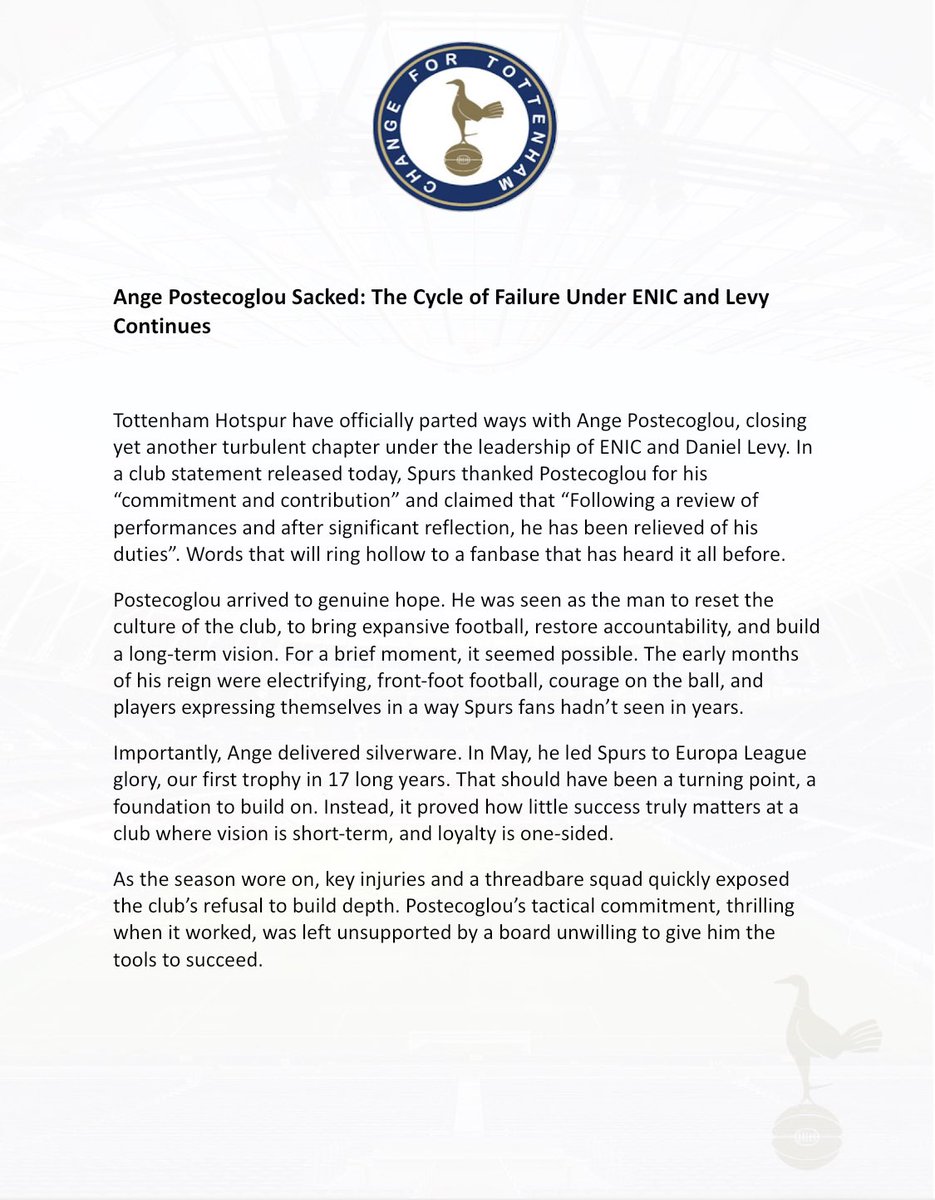 ChangeForSpurs's tweet image. Ange Postecoglou Sacked