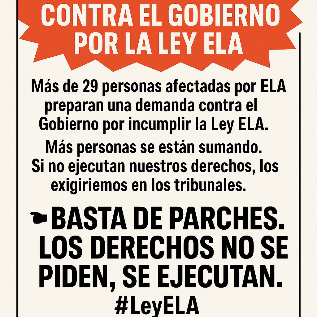 💥 DEMANDA CONJUNTA CONTRA EL GOBIERNO POR LA LEY ELA

Más de 30 familias afectadas por ELA van a iniciar acciones legales por el incumplimiento de la Ley ELA.

Más afectados se están sumando.
Si no ejecutan nuestros derechos, los exigiremos en los tribunales.
#ela
#LeyELA