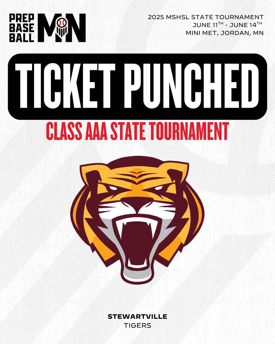 𝗧𝗜𝗖𝗞𝗘𝗧 𝗣𝗨𝗡𝗖𝗛𝗘𝗗 🎟️ 🥊

Congratulations to the Stewartville Tigers on punching their ticket to the 2025 Minnesota State Tournament!

@StewieBaseball ➡️ Mini Met