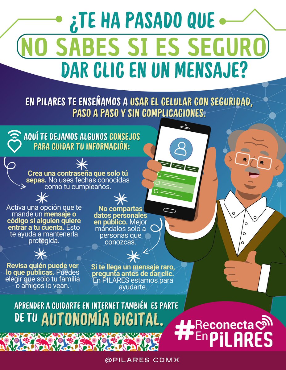 CdmxPilares's tweet photo. Si te llega un mensaje y no sabes si es seguro ¡no te preocupes! #AcércateAPILARES y aprenderás a usar tu celular con seguridad y sin complicaciones
Te dejamos unos tips, recuerda que las y los docentes están para apoyarte ante cualquier duda
¿Qué esperas? ¡#ReconectaEnPILARES! https://t.co/3sahfWVSyG