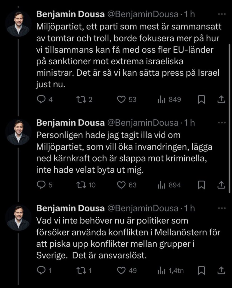 Märkligt att säga att Benjamin Dousa beter sig som en ungdomspolitiker 

ungdomsförbunden beter sig betydligt mer värdigt och nyanserat än såhär