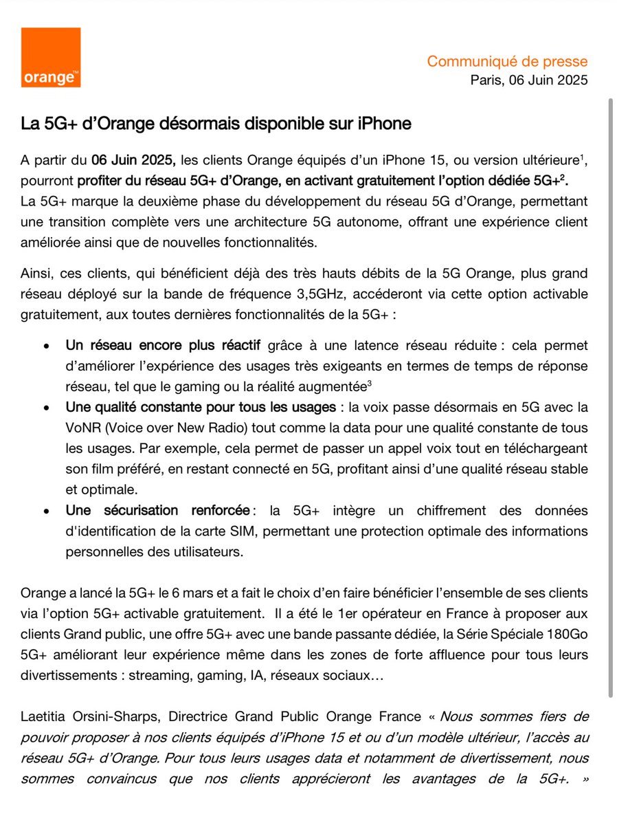 Surprise du vendredi soir : la 5G+ arrive aujourd’hui chez Orange, sur les iPhone. 

Pas de mise à jour d’iOS nécessaire, a priori directement depuis les réglages opérateur. Orange vient de doubler Free, qui était là avant.