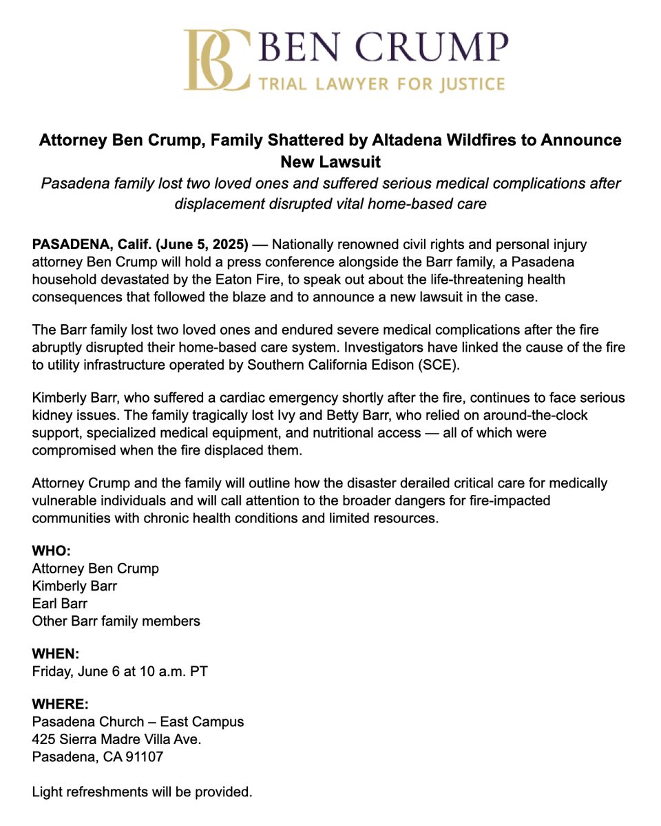 BenCrumpLaw's tweet image. MEDIA ALERT: @AttorneyCrump is holding a press conference alongside the Barr family, a Pasadena household devastated by the Eaton Fire, to speak out about the life-threatening health consequences that followed the blaze and to announce a new lawsuit in the case.