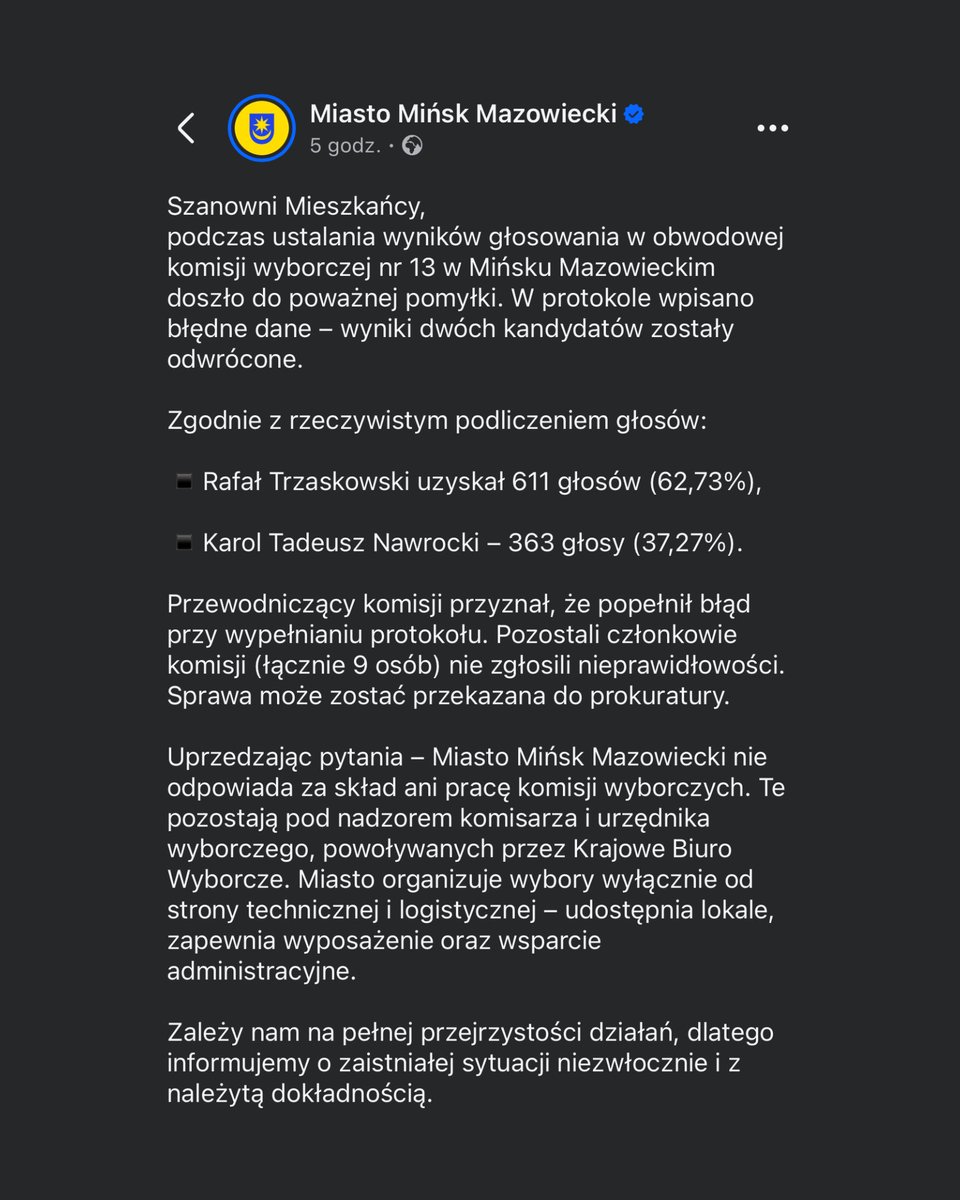 thepolandnews_'s tweet photo. „Podczas ustalania wyników głosowania w obwodowej komisji wyborczej nr 13 w Mińsku Mazowieckim doszło do poważnej pomyłki. W protokole wpisano błędne dane – wyniki dwóch kandydatów zostały odwrócone” - poinformowały władze miasta. https://t.co/TtEq7DLsX7