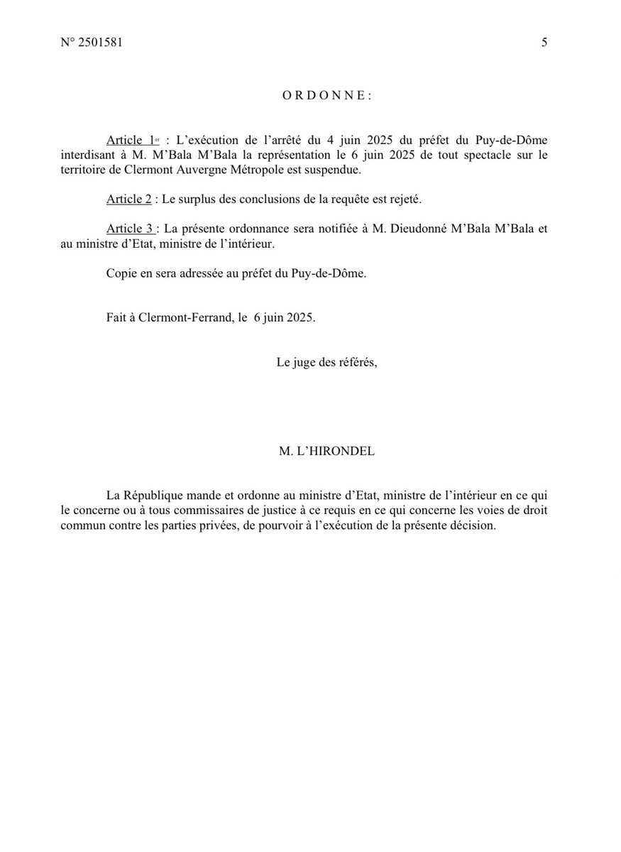 victoire!Le tribunal administratif m’a donné raison,le préfet du Puy de Dôme s’est rendu coupable d’une atteinte grave aux libertés fondamentales sur instruction du ministre de l’intérieur premier responsable du désordre et de l’insécurité!Demain Grenoble dieudosphere.com