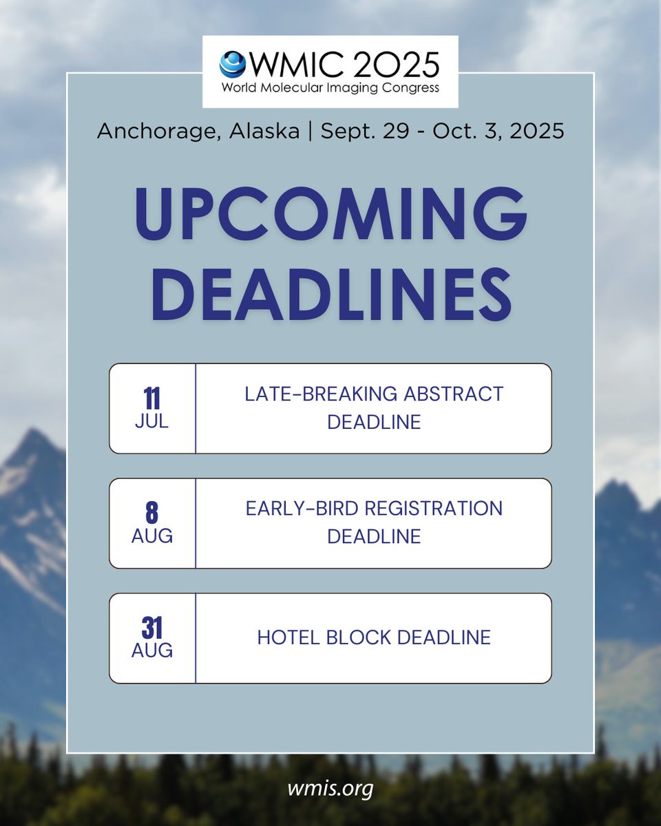 WMIS WMIC (@wmiswmic) on Twitter photo 📢 Mark your calendars! Key #WMIC2025 deadlines are coming up:
🗓️ July 11 – Late-breaking abstract deadline
🗓️ August 8 – Early-bird registration
🗓️ August 31 – Hotel block deadline
🔗 Learn more: wmis.org/wmic-2025/
#MolecularImaging #MedicalImaging #VisitAlaska #WMIS 📢 Mark your calendars! Key #WMIC2025 deadlines are coming up:
🗓️ July 11 – Late-breaking abstract deadline
🗓️ August 8 – Early-bird registration
🗓️ August 31 – Hotel block deadline
🔗 Learn more: wmis.org/wmic-2025/
#MolecularImaging #MedicalImaging #VisitAlaska #WMIS