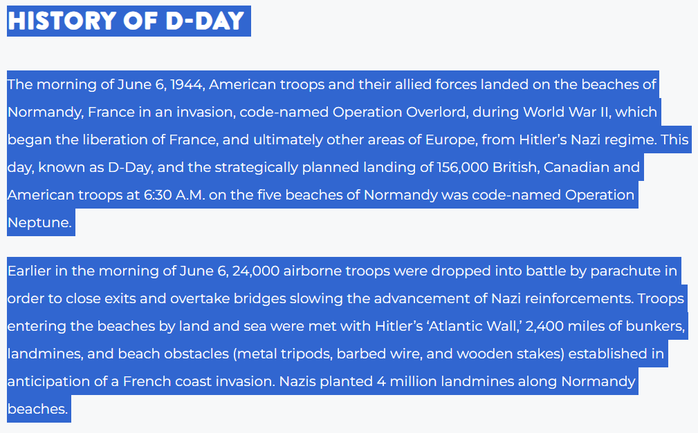 Our country, as well as western Europe, is recognizing D-Day today. This invasion of France to get rid of the German occupation was hard fought with thousands of lives lost. 
Please tell your children and grandchildren to never forget the cost of freedom. Thank you, Veterans!