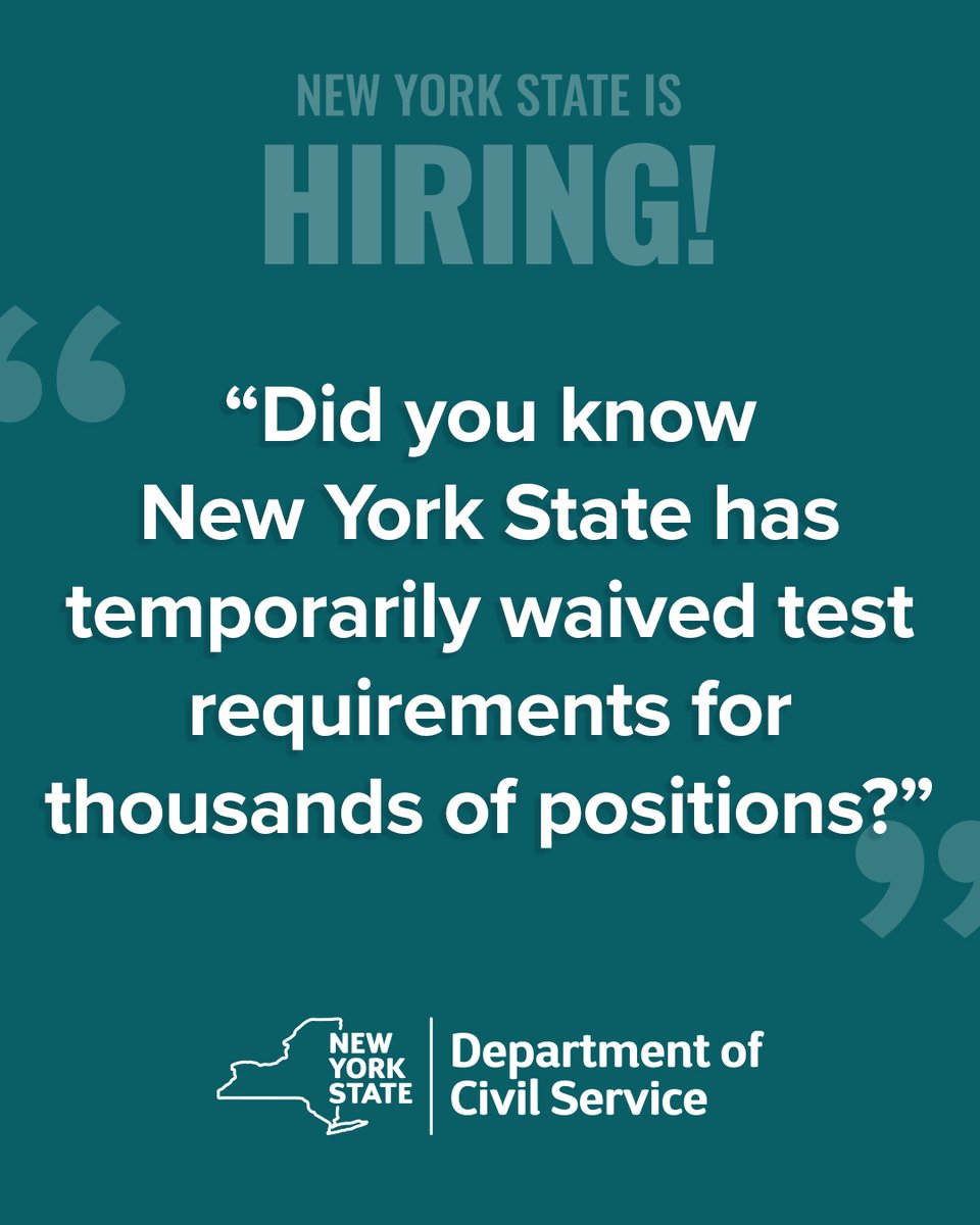 It's easier than ever to apply for a job with New York State! Under the NY HELPS program, exams are temporarily waived for thousands of positions. Visit StateJobs.ny.gov to get started! 

#NowHiring #StateJobs #NYSJobs