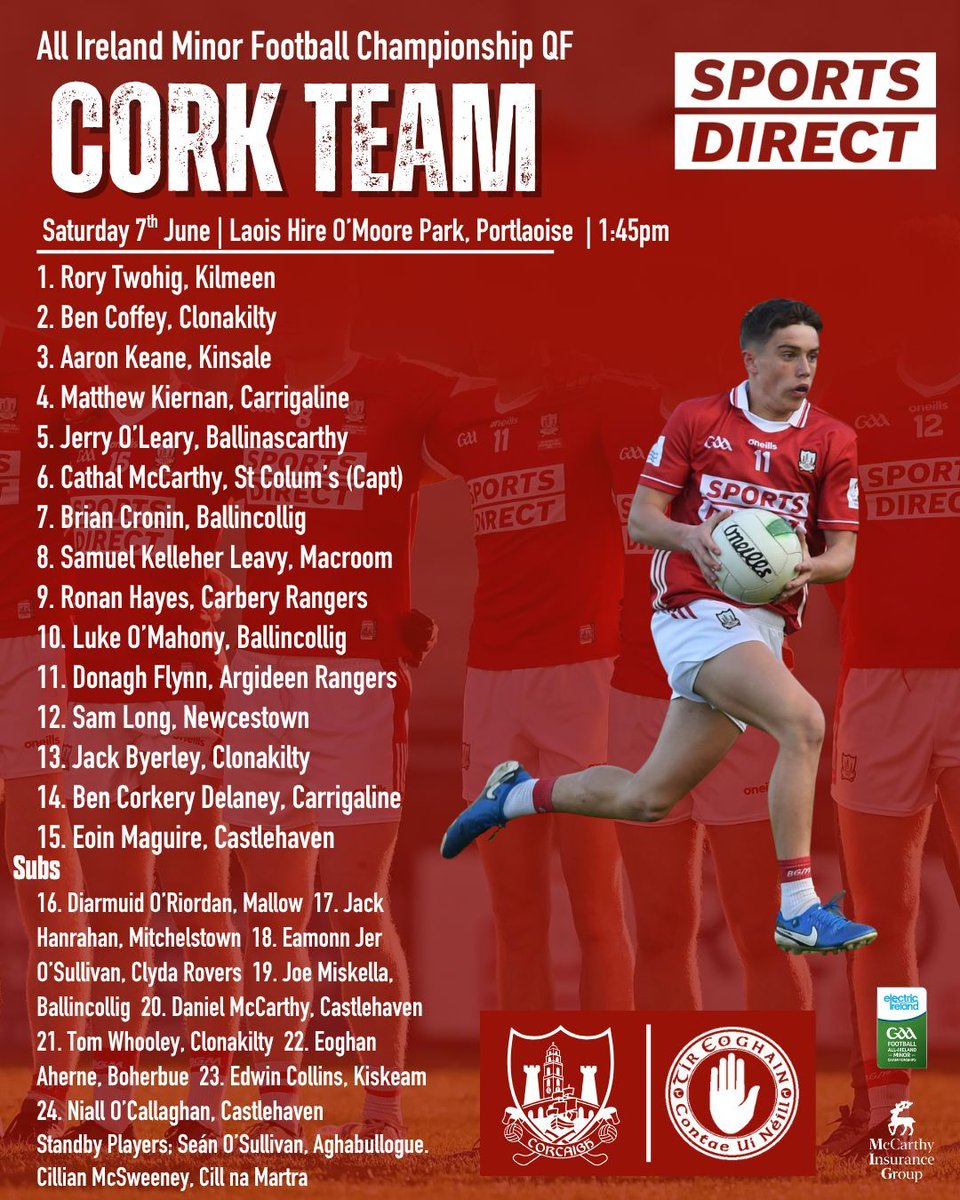 The Cork team to play Tyrone in the Electric Ireland Minor Football All Ireland Quarter Final at Laois Hire O'Moore Park, Port Laoise on Saturday 7th June at 1.45pm has been announced. Best wishes to the team &amp; management. #BornToPlay