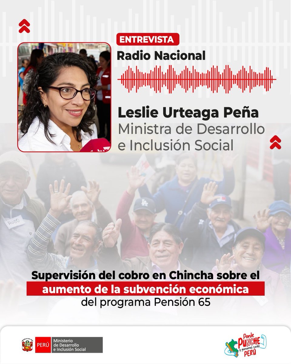 Ministerio de Desarrollo e Inclusión Social (@midisperu) on Twitter photo #NotaDePrensa | En entrevista con <a href="/RadioNacionalFM/">Radio Nacional</a>, la ministra <a href="/LeslieUrteaga/">Leslie Urteaga</a>, desde Chincha, donde se encuentra realizando una agenda de trabajo, anunció que este año se busca que todos los usuarios del programa <a href="/MIDIS_Pension65/">MIDIS_Pensión 65</a>, mayores de 100 años, reciban en sus domicilios #NotaDePrensa | En entrevista con <a href="/RadioNacionalFM/">Radio Nacional</a>, la ministra <a href="/LeslieUrteaga/">Leslie Urteaga</a>, desde Chincha, donde se encuentra realizando una agenda de trabajo, anunció que este año se busca que todos los usuarios del programa <a href="/MIDIS_Pension65/">MIDIS_Pensión 65</a>, mayores de 100 años, reciban en sus domicilios