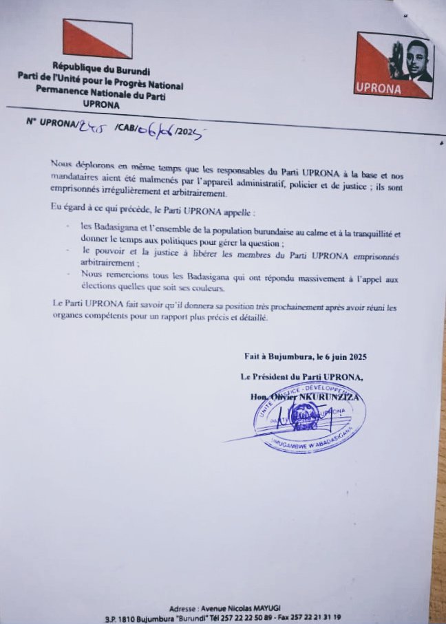 <a href="/UPRONA__1961/">Parti UPRONA</a> Communiqué consécutif au scrutin législatif et communal du 5 juin 2025. 
<a href="/nkurunziza_com/">nkurunziza olivier</a>
<a href="/GeneralNeva/">SE Evariste Ndayishimiye</a>
<a href="/NtareHouse/">Ntare Rushatsi House</a>
<a href="/MininterInfosBi/">MininterInfosBi</a> 
<a href="/burundiceni/">CeniBurundi2025</a> 
<a href="/CeniBurundi/">Commission Electorale Nationale Indépendante</a>