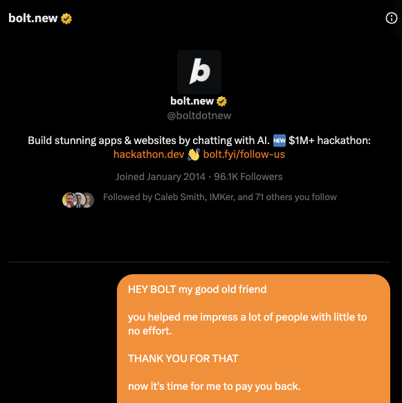 TIME FOR BIG PLAYS

how crazy would it be if we could win <a href="/boltdotnew/">bolt.new</a> as customer for <a href="/postel_app/">Postel</a> 

help us close the deal, tag them below 👇