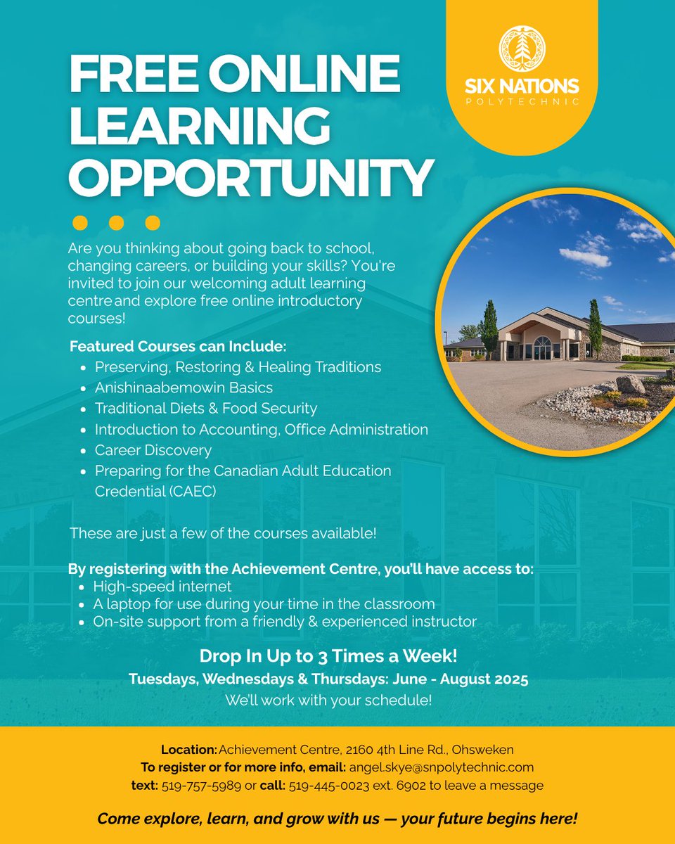 Unlock new skills and opportunities with free online courses at Six Nations Polytechnic. Drop in up to 3 times a week from June to August 2025. Your future begins here!
