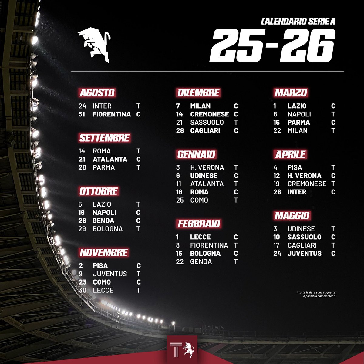 TuttoIlToro's tweet image. 📌 Ecco il calendario del Toro per il prossimo campionato di Serie A 2025/26. #SFT #FVCG