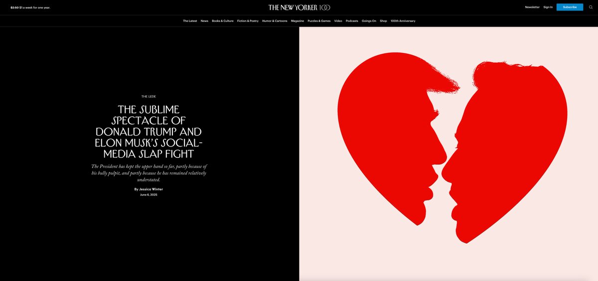 Javier Jaén Studio (@javierjaenb) on Twitter photo The New Yorker. <a href="/NewYorker/">The New Yorker</a> The Sublime Spectacle of Donald Trump and Elon Musk’s Social-Media Slap Fight. The President has kept the upper hand so far, partly because of his bully pulpit, and partly because he has remained relatively understated. Text by Jessica Winter. The New Yorker. <a href="/NewYorker/">The New Yorker</a> The Sublime Spectacle of Donald Trump and Elon Musk’s Social-Media Slap Fight. The President has kept the upper hand so far, partly because of his bully pulpit, and partly because he has remained relatively understated. Text by Jessica Winter.