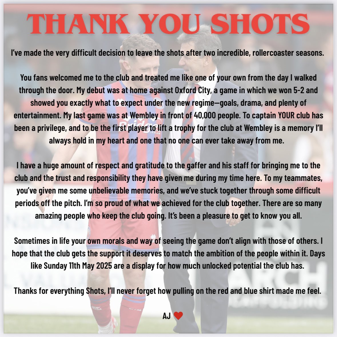 Aaron Jones (@aaronjones_19) on Twitter photo Thanks for everything <a href="/OfficialShots/">Aldershot Town FC</a> โค๏ธ
We achieved something special together ๐ Going to miss you all and wish you nothing but the best for the future. Thanks for everything <a href="/OfficialShots/">Aldershot Town FC</a> โค๏ธ
We achieved something special together ๐ Going to miss you all and wish you nothing but the best for the future.