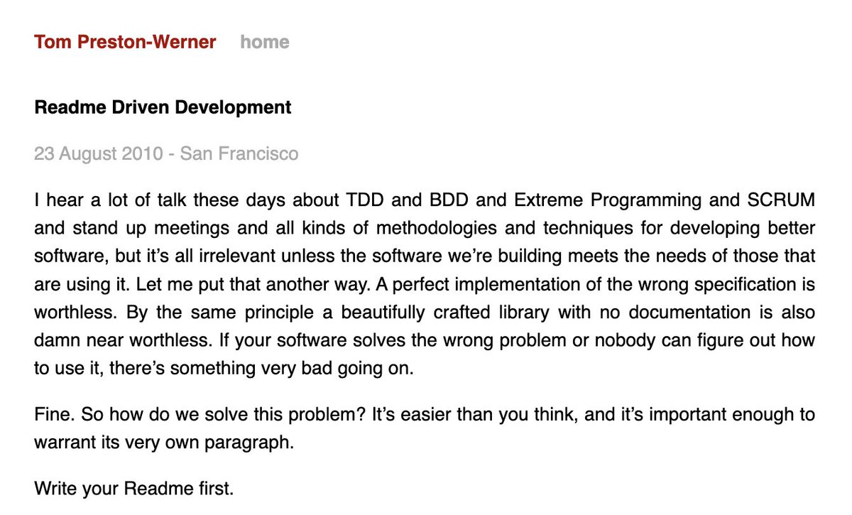 Marina🌰🌱🌿🎋 (@manunamz) on Twitter photo This oldie-but-goodie from <a href="/mojombo/">Tom Preston-Werner</a> is surprisingly relevant given the state of LLMs today:
It's always been a good idea to write the "prompt", then the code. This oldie-but-goodie from <a href="/mojombo/">Tom Preston-Werner</a> is surprisingly relevant given the state of LLMs today:
It's always been a good idea to write the "prompt", then the code.