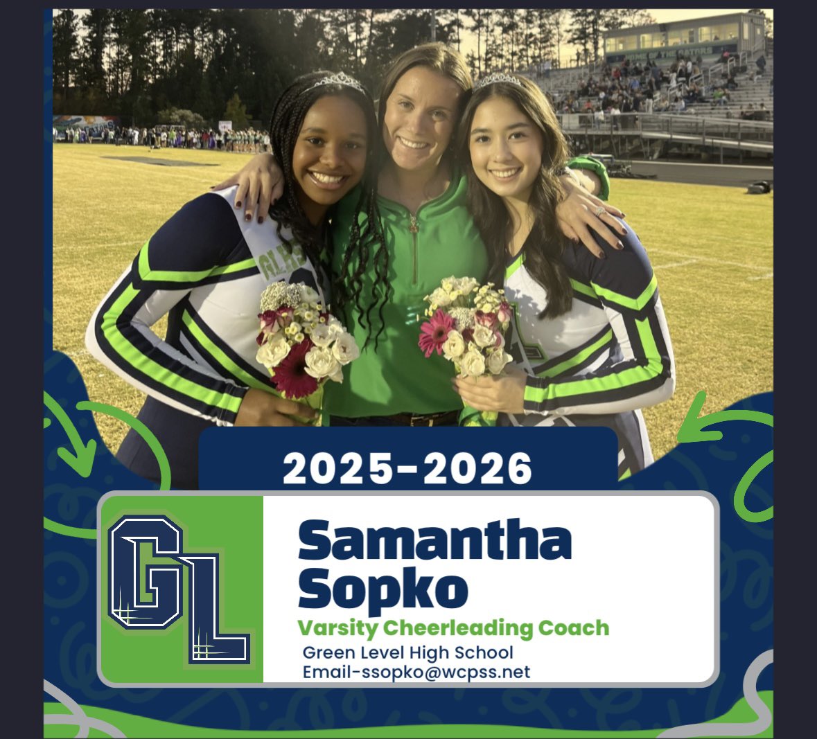 Meet your 25-26 coaches! We can’t wait to chat with you all on Monday about the cheer season during our informational meeting!! 💙💚🤍

Varsity Coach- Samantha Sopko
Years Coaching and judging- 19 years from youth to college and Allstar, 14 years of school cheer, certified school