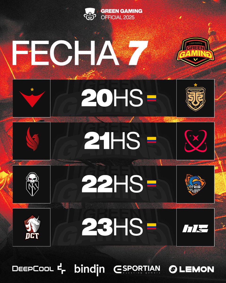Green Gaming 🍀 (@ligagreengaming) on Twitter photo 🔴 ENFRENTAMIENTOS | FECHA 7 🔴
20 HRS - <a href="/KTANAesports/">KTANA🎋</a> 🆚 <a href="/fusionfsgg/">FUSION</a>
21 HRS - <a href="/AB3_Esports/">AB3 ESPORTS</a> 🆚 <a href="/NovaCrews/">NovaCrew</a>
22 HRS - <a href="/GamersSociety_/">𝐆𝐚𝐦𝐞𝐫𝐬 𝐒𝐨𝐜𝐢𝐞𝐭𝐲 💀</a> 🆚 <a href="/ScrubDivision/">The Scrub Division</a>
23 HRS - <a href="/DCT_eSports/">DCT eSports</a> 🆚 #M5Esports
🍀 Sigue la ACCIÓN en: twitch.tv/greengaming_tv
#GreenGaming #GreenGamingNorte 🔴 ENFRENTAMIENTOS | FECHA 7 🔴
20 HRS - <a href="/KTANAesports/">KTANA🎋</a> 🆚 <a href="/fusionfsgg/">FUSION</a>
21 HRS - <a href="/AB3_Esports/">AB3 ESPORTS</a> 🆚 <a href="/NovaCrews/">NovaCrew</a>
22 HRS - <a href="/GamersSociety_/">𝐆𝐚𝐦𝐞𝐫𝐬 𝐒𝐨𝐜𝐢𝐞𝐭𝐲 💀</a> 🆚 <a href="/ScrubDivision/">The Scrub Division</a>
23 HRS - <a href="/DCT_eSports/">DCT eSports</a> 🆚 #M5Esports
🍀 Sigue la ACCIÓN en: twitch.tv/greengaming_tv
#GreenGaming #GreenGamingNorte