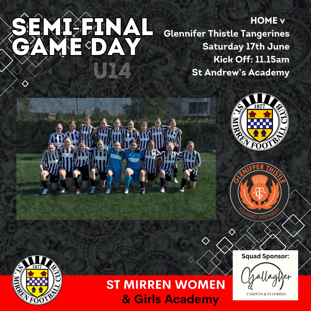🔥 Cup Semi-Final Incoming! 🔥

St Mirren U14s take on Glennifer Thistle Tangerines in the West League Cup Semi-Final this Saturday, 7th June!

📍 St Andrews Academy
🕚 Kick-Off: 11.15am

Get along and support the young Saints as they battle for a place in the final! 🖤
#pathway
