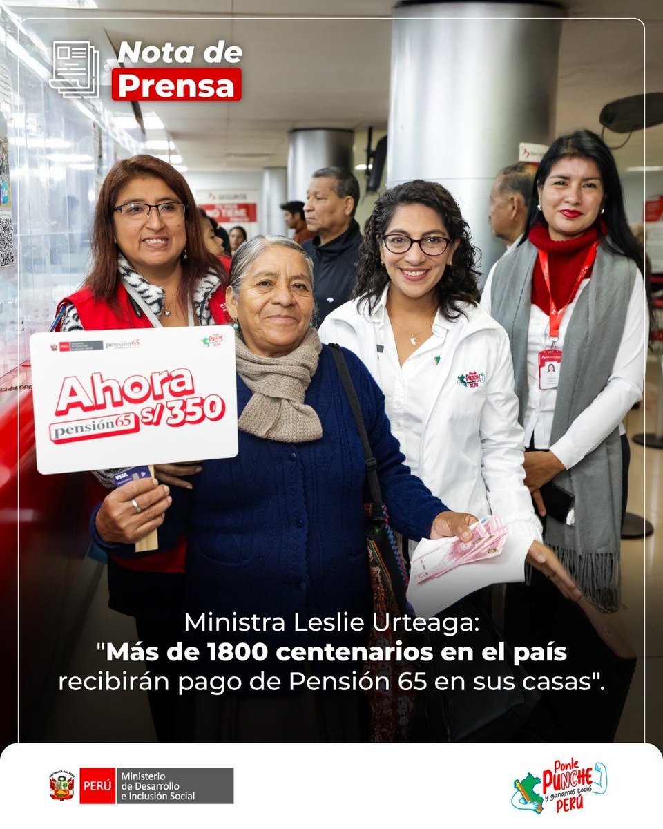 Ministerio de Desarrollo e Inclusión Social (@midisperu) on Twitter photo #NotaDePrensa | Desde Chincha, la ministra <a href="/LeslieUrteaga/">Leslie Urteaga</a> supervisó el pago de la pensión de S/ 350 a usuarios de <a href="/MIDIS_Pension65/">MIDIS_Pensión 65</a> y anunció que los adultos mayores de más de 100 años recibirán el subsidio en sus hogares.🤝🇵🇪
✅ En el Mes de la Cultura Afroperuana, visitó el CIAI #NotaDePrensa | Desde Chincha, la ministra <a href="/LeslieUrteaga/">Leslie Urteaga</a> supervisó el pago de la pensión de S/ 350 a usuarios de <a href="/MIDIS_Pension65/">MIDIS_Pensión 65</a> y anunció que los adultos mayores de más de 100 años recibirán el subsidio en sus hogares.🤝🇵🇪
✅ En el Mes de la Cultura Afroperuana, visitó el CIAI