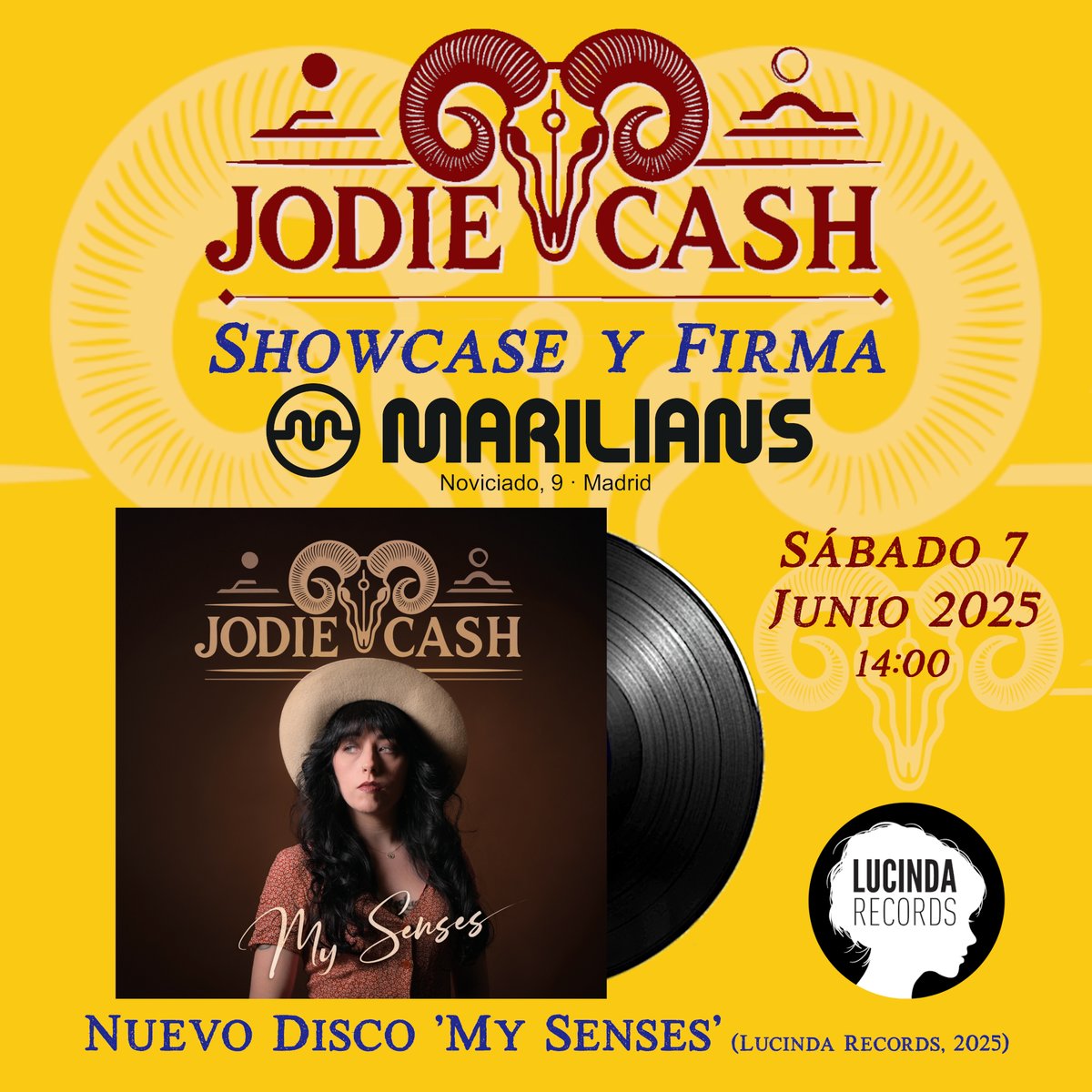 Lucinda Records (@lucindarecords) on Twitter photo JODIE CASH en Marilians Records · Sábado 7 junio 14:00 #showcase y firma de su nuevo disco 'My Senses' (Lucinda, 2025) <a href="/JodieCashOff/">Jodie Cash</a> <a href="/MariliansR/">Marilians Records</a> #acoustic #countrymusic #americana #newalbum #Madrid #LucindaRecords JODIE CASH en Marilians Records · Sábado 7 junio 14:00 #showcase y firma de su nuevo disco 'My Senses' (Lucinda, 2025) <a href="/JodieCashOff/">Jodie Cash</a> <a href="/MariliansR/">Marilians Records</a> #acoustic #countrymusic #americana #newalbum #Madrid #LucindaRecords