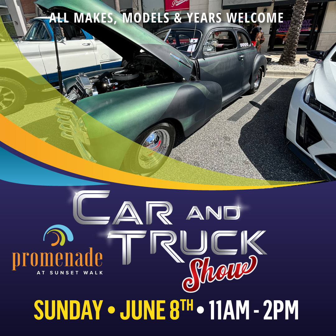 Rev your engines, the Second Sunday Car &amp; Truck Show returns to Promenade at Sunset Walk!
From classic rides to custom builds, this is where auto lovers unite.

Sunday, June 8 | 11 AM – 2 PM
🎶 Live DJ | 🏆 Awards &amp; giveaways | 🍔 Great food &amp; drinks

📍 Promenade at Sunset Walk