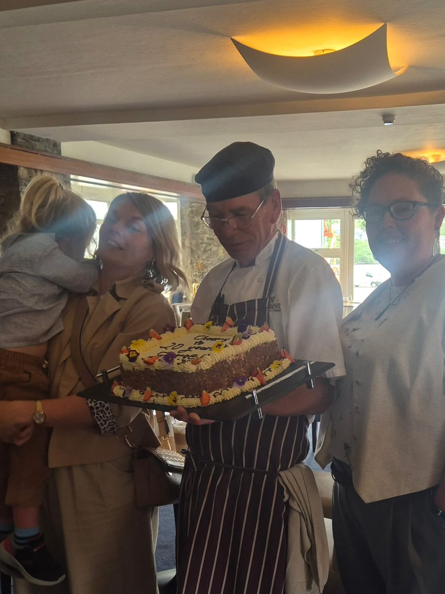 Celebrating 20 amazing years with Chef George at The Trident! 🎉 His daughters Lynda &amp; Chris and grandson Fionn joined the fun, making it extra special 🥰
Thank you George for your passion and dedication here’s to many more delicious years ahead👏 #TeamTrident #ChefLife #Kinsale