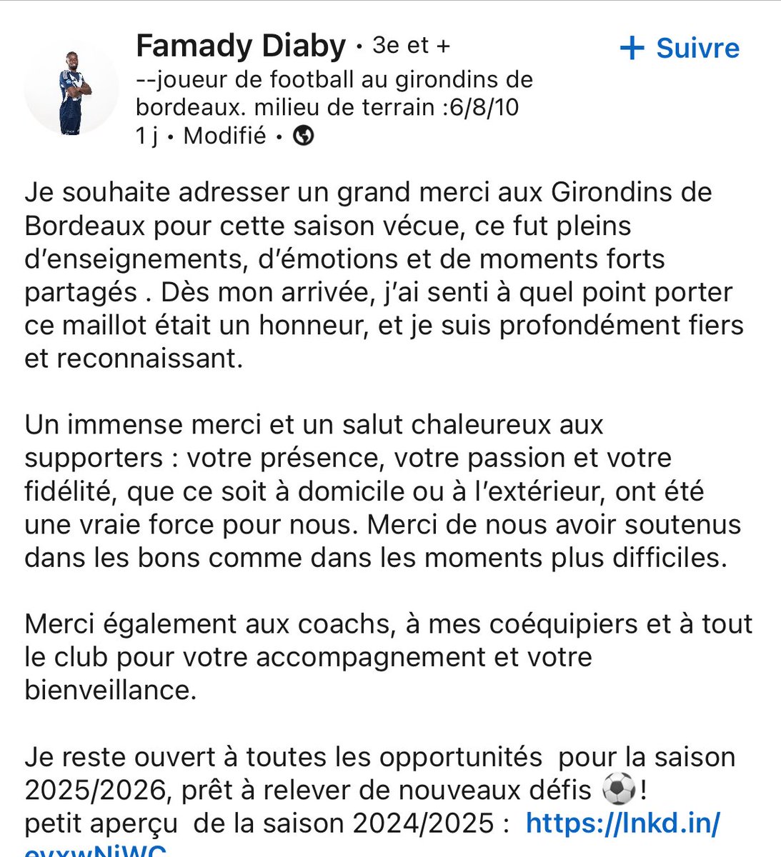 DonFcgb's tweet image. 🚨 #MercatoFCGB : 

👋 Deux nouveaux joueurs ont officialisé leur départ des #Girondins, chacun via son compte @LinkedInFrance ! 

💌 @famady_hl4 : 

« Je souhaite adresser un grand merci aux Girondins pour cette saison vécue. Ce fut une saison riche en enseignements, en émotions…