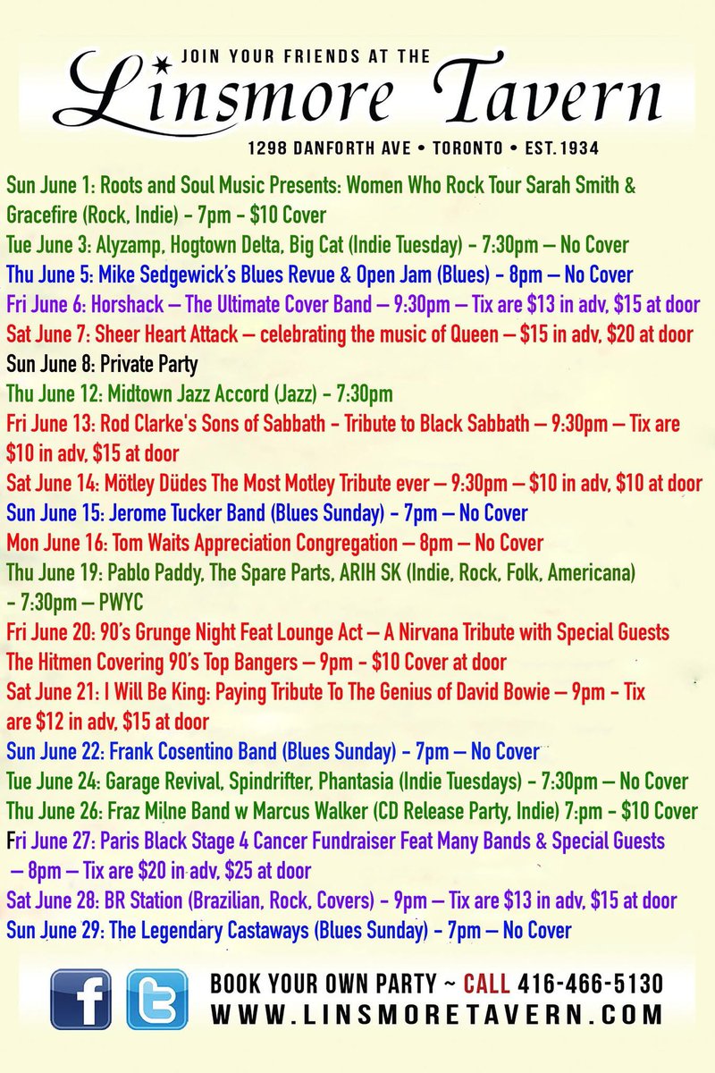 Check out our lineup at the Linsmore in June! Some Epic shows upcoming! <a href="/Q107Toronto/">Q107 Toronto</a> <a href="/CP24/">CP24</a> <a href="/blogTO/">blogTO</a> <a href="/nowtoronto/">Now Toronto</a> <a href="/snapdBeaDan/">snapd Beach</a> <a href="/DanforthTweets/">Danforth Tweets</a> <a href="/DanforthEonline/">Danforth East Online</a> <a href="/TorontoMusic/">Toronto Music Scene</a> <a href="/TorontoEvents/">Toronto Events</a> <a href="/WhatsUpTOMag/">What's Up Toronto</a> <a href="/torontolife/">Toronto Life</a> <a href="/musiccityTO/">Toronto Music City</a> <a href="/ears2dground/">earstotheground.ca</a> <a href="/leslieviller/">The Leslieviller</a> <a href="/torontoconcerts/">Toronto Concerts</a>