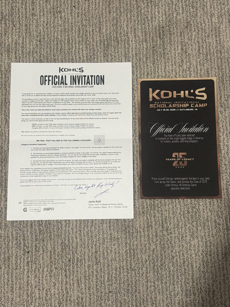 Cohen chatfield (@chatty0808) on Twitter photo I would like to thank <a href="/KohlsKicking/">Kohl's Kicking Camps</a> for personally inviting me to there national invitational scholarship camp in Gatlinburg Tennessee on July 19-20th!! I would like to thank <a href="/KohlsKicking/">Kohl's Kicking Camps</a> for personally inviting me to there national invitational scholarship camp in Gatlinburg Tennessee on July 19-20th!!