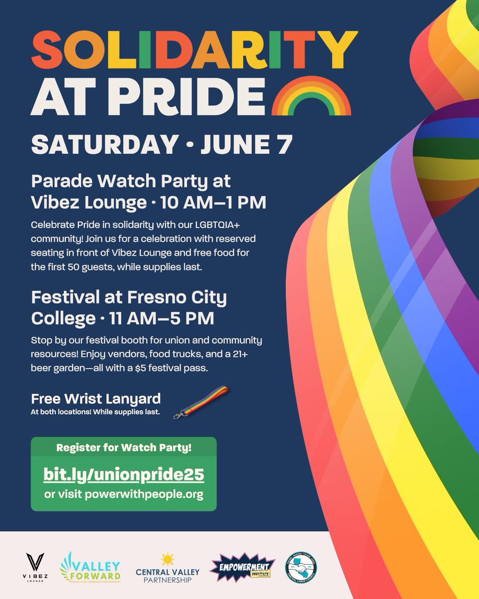 Celebrate Pride with us tomorrow!
⁠
🎉📍 Parade Watch Party @ Vibez Lounge · 10 AM–1 PM⁠
Free food for the first 50 guests!📍 ⁠
⁠
Festival Booth @ Fresno City College · 11 AM–5 PM⁠
Stop by for union resources, solidarity and fun!⁠
⁠
RSVP: powerwithpeople.org/events/solidar…
⁠