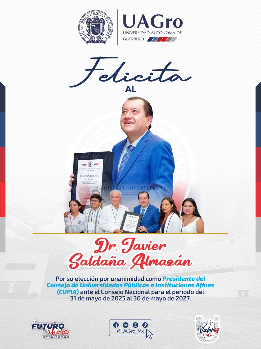 🎓 El H. Consejo Universitario entregó un reconocimiento al Dr. Javier Saldaña Almazán, Rector de la UAGro, por su elección como Presidente del CUPIA 2023-2027.

🙌 Un hecho histórico que posiciona a nuestra Universidad como referente nacional en la educación pública.