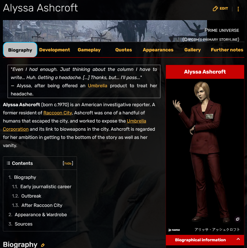 So the new protagonist of RE9 is the daughter of Alyssa Ashcroft from RE Outbreak who was a journalist who exposed Umbrella's actions. That's a very cool link to this spin-off I wasn't expecting