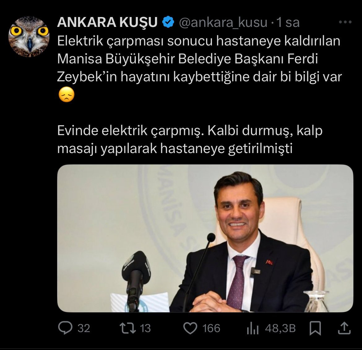 Ferdi Zeyrek için yalan haber girenler arasında ANKARA KUŞU isimli algı hesabı da yer alıyor.

2023 döneminde "muhalifmiş" gibi bir tavır takındığı için kendisini yanlışlıkla takip etmiş olabilirsiniz, çok pis bir hesaptır, sahibi hakkında da çok ağır iddialar vardır, bilginize.