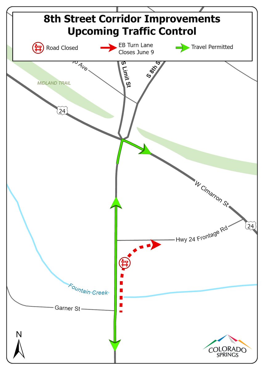 The eastbound lanes of the Hwy 24 Frontage Rd from northbound 8th Street to the Hwy 24 intersections close to traffic beginning Monday, June 9. Motorists will be detoured to make a right turn from 8th Street to Highway 24.

For more information visit coloradosprings.gov/8thstreet