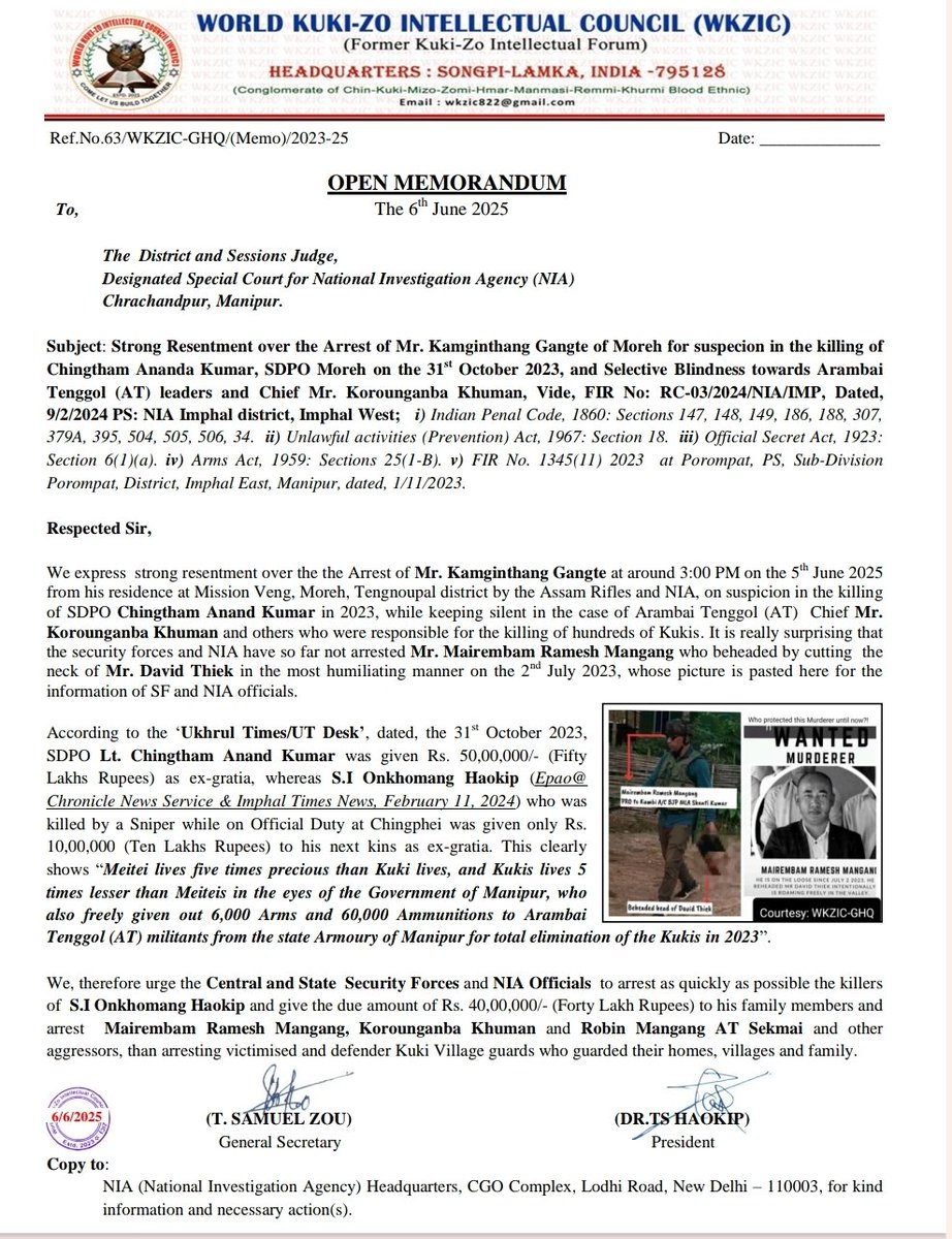 WORLD KUKI-ZO INTELLECTUAL COUNCIL (WKZIC) (@wkzic) on Twitter photo Open memorandum by WKZIC questioning the selective bias of NIA and other central agencies against the Kuki-Zo people
<a href="/NIA_India/">NIA India</a> <a href="/PMOIndia/">PMO India</a> <a href="/HMOIndia/">गृहमंत्री कार्यालय, HMO India</a> <a href="/PIB_India/">PIB India</a> <a href="/PIBHomeAffairs/">Spokesperson, Ministry of Home Affairs</a> Open memorandum by WKZIC questioning the selective bias of NIA and other central agencies against the Kuki-Zo people
<a href="/NIA_India/">NIA India</a> <a href="/PMOIndia/">PMO India</a> <a href="/HMOIndia/">गृहमंत्री कार्यालय, HMO India</a> <a href="/PIB_India/">PIB India</a> <a href="/PIBHomeAffairs/">Spokesperson, Ministry of Home Affairs</a>
