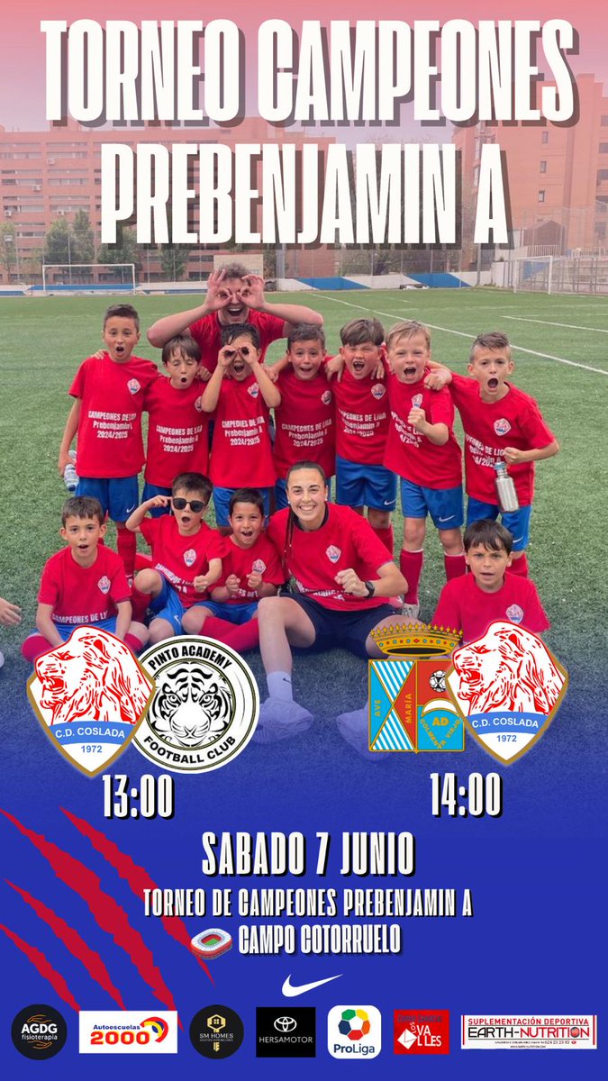 PREBENJAMÍN 🅰️

Los 🦁🦁🦁 de <a href="/elenazamorano9/">eleenaaa</a> y <a href="/aguiiileraaaa/">AGUILERA🐆</a> disputarán mañana la fase grupal del Torneo de Campeones de Fútbol 7️⃣ organizado por la <a href="/RFFM_oficial/">RFFM</a>

Los nuestros jugarán en Cotorruelo 🏟️ (13:00h y 14:00h) por un puesto en la siguiente fase (Sábado 14/06 Boadilla)