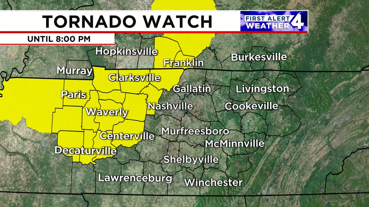 A Tornado Watch is in effect for the following counties until 8:00 P.M.