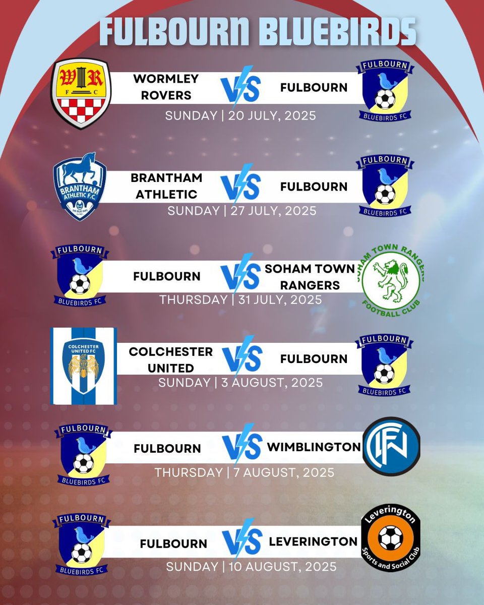 Fulbourn Institute Bluebirds (@bluebirdswfc) on Twitter photo Our pre-season schedule is confirmed and itโs a good one!๐๐ป We have some brilliant fixtures lined up to prepare us for our first season in the Eastern Region Division 1 North โฝ๏ธ๐ฆ๐ Our pre-season schedule is confirmed and itโs a good one!๐๐ป We have some brilliant fixtures lined up to prepare us for our first season in the Eastern Region Division 1 North โฝ๏ธ๐ฆ๐