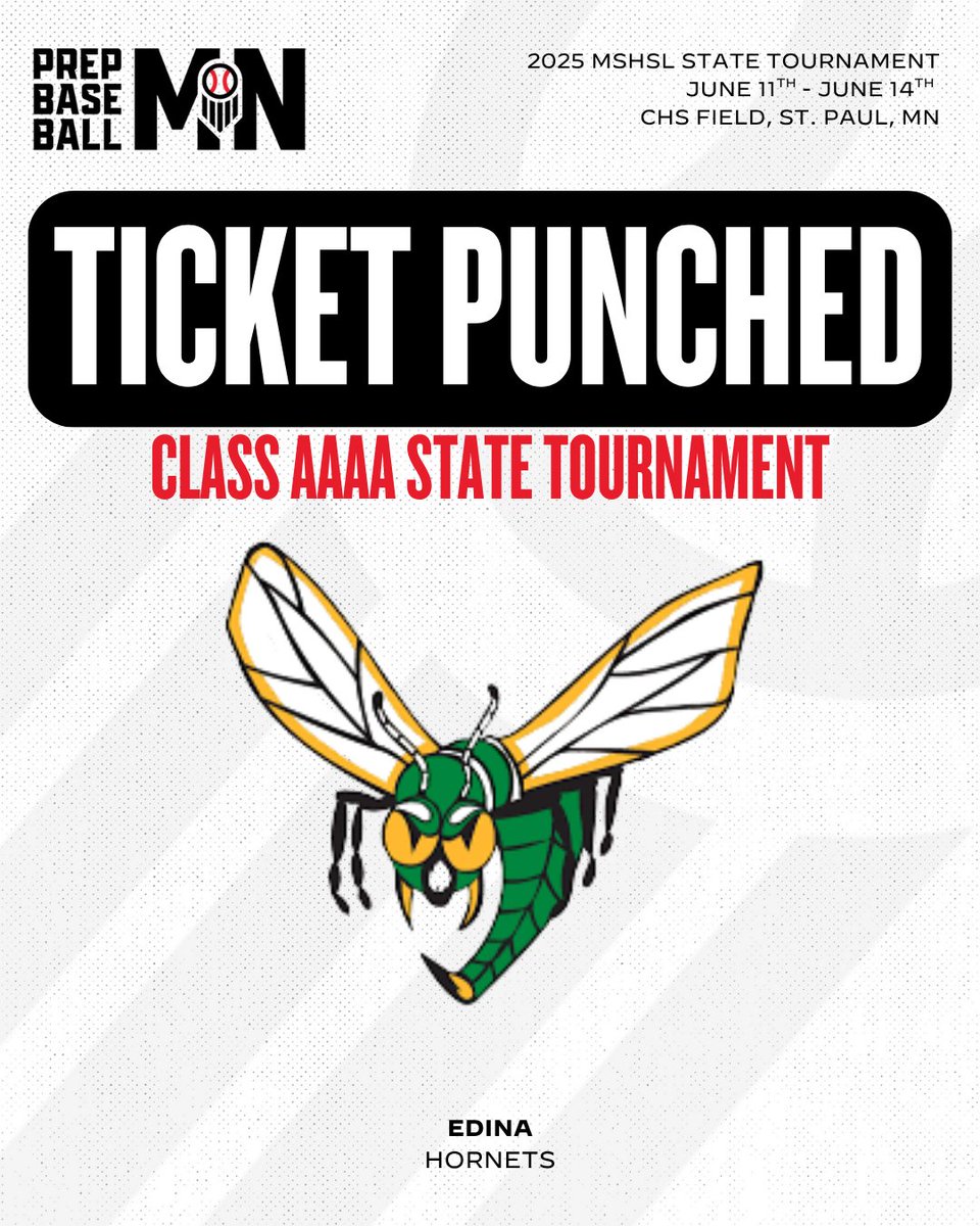 Prep Baseball Minnesota (@prepbaseballmn) on Twitter photo π§πππππ§ π£π¨π‘ππππ ποΈ π₯
Congratulations to the Edina Hornets on punching their ticket to the 2025 Minnesota State Tournament!
<a href="/EHSBaseball9/">EHS Baseball</a> β‘οΈ CHS Field π§πππππ§ π£π¨π‘ππππ ποΈ π₯
Congratulations to the Edina Hornets on punching their ticket to the 2025 Minnesota State Tournament!
<a href="/EHSBaseball9/">EHS Baseball</a> β‘οΈ CHS Field
