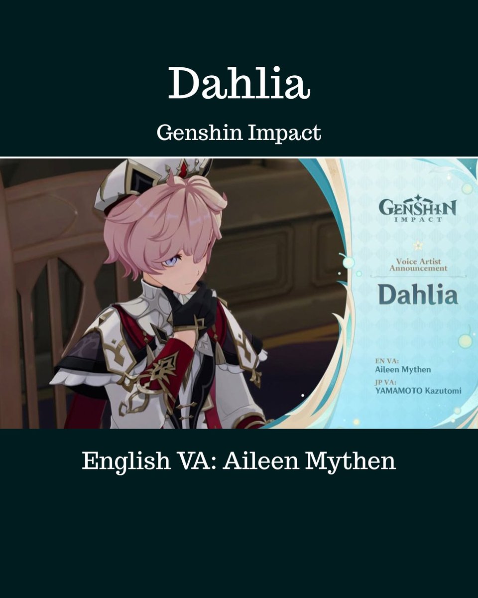 Aileen Mythen (@aileenmythen) on Twitter photo It is a true privilege and joy to be the official English voice for #Dahlia in @GenshinImpac
I cannot wait for #Genshin fans to join me in Mondstadt very soon!
<a href="/dahliaceo/">daily dahlia 🦇</a>
#GenshinImpact #Genshin_Impact #voiceofdahlia #dahlialove #mondstadtgenshinimpact It is a true privilege and joy to be the official English voice for #Dahlia in @GenshinImpac
I cannot wait for #Genshin fans to join me in Mondstadt very soon!
<a href="/dahliaceo/">daily dahlia 🦇</a>
#GenshinImpact #Genshin_Impact #voiceofdahlia #dahlialove #mondstadtgenshinimpact