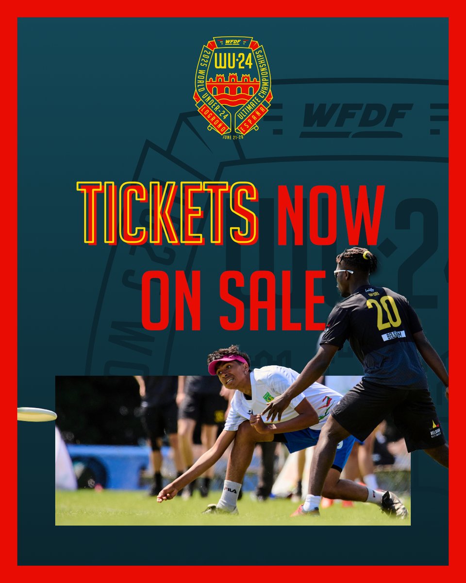 🎟️ Tickets Now Available for the WU24 Opening Game! 

Be part of the electrifying start to the WFDF 2025 World Under-24 Ultimate Championships!

🎟️ Secure your tickets now: wu24.sport/tickets/
.
.
#2025wu24
#wu24
#wfdf
#worldflyingdisc
#wfdfevents
#RoadToLogrono