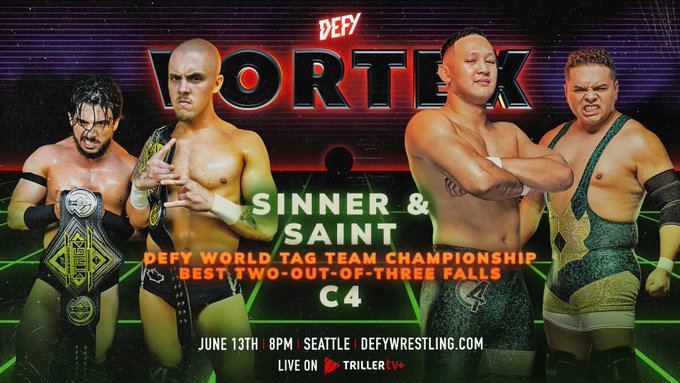 Le meilleur du catch (@mondeducatch) on Twitter photo DEFY Wrestling <a href="/defyNW/">DEFY Wrestling</a> a annoncé un match pour le show #defyVortex.
Un match pour les titres tags au meilleur des 3 tombé .
SINNER & SAINT(c) vs. C4 DEFY Wrestling <a href="/defyNW/">DEFY Wrestling</a> a annoncé un match pour le show #defyVortex.
Un match pour les titres tags au meilleur des 3 tombé .
SINNER & SAINT(c) vs. C4