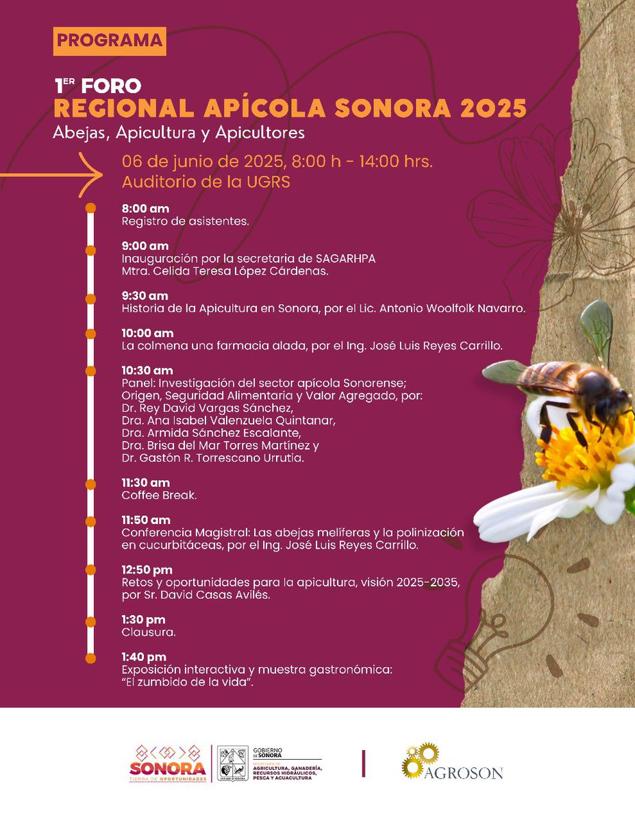 Te compartimos el programa de actividades del 1er Foro Regional Apícola Sonora 2025 🍯

Consulta los horarios y temas de interés para que no te pierdas nada.

📍 Auditorio de la UGRS

¡Aún estás a tiempo de acompañarnos!