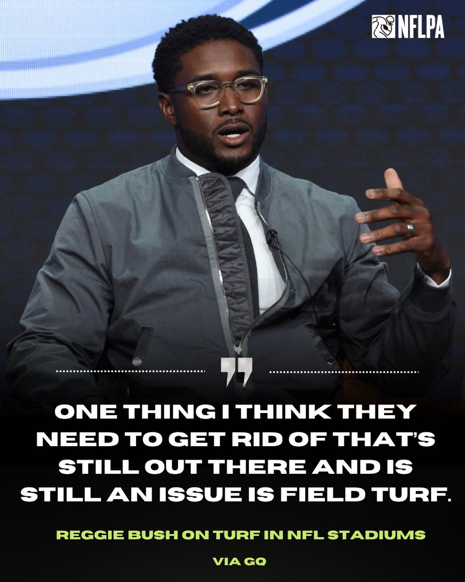 NFLPA's tweet image. In a recent @GQMagazine interview, 11-year NFL vet Reggie Bush shared his thoughts on the continued use of turf in stadiums. #SaferFields
