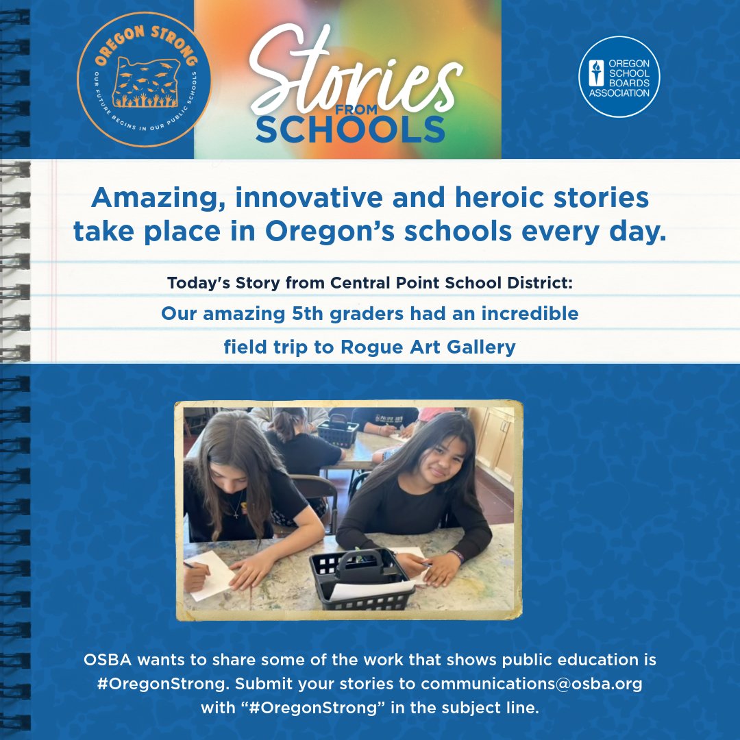 Today we have a story from Central Point School District: Our amazing 5th graders had an incredible field trip to Rogue Art Gallery (Facebook video)

Read more: facebook.com/PESCPSD6/video…

#OregonStrong #oregon #publiceducation #studentsuccess #educationmatters