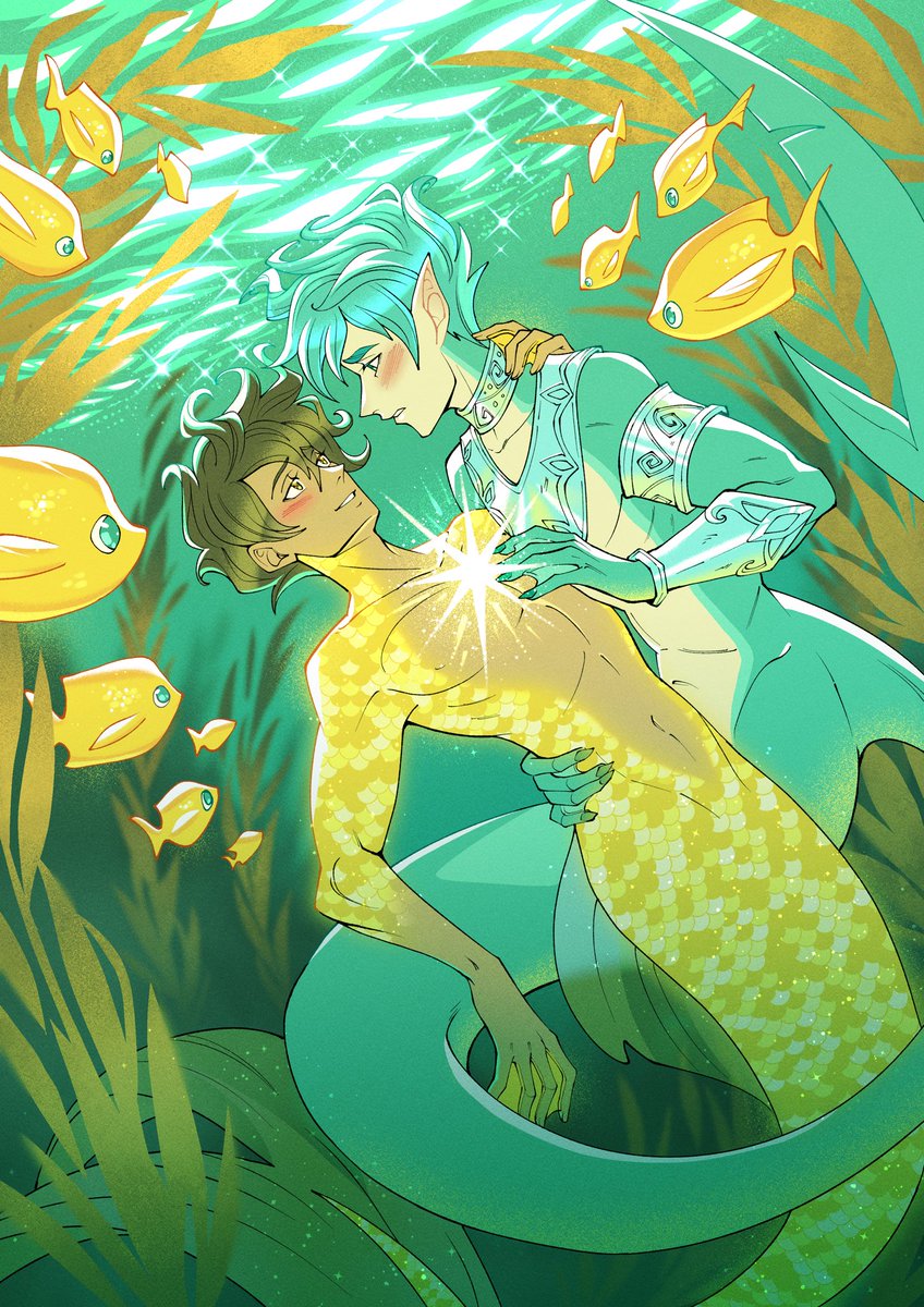 HAPPY BIRTHDAY <a href="/wendycomics/">WendyLMartin 💛💙</a>!!!! 🌟🎂
To celebrate, here are your merboys! 🧜🏽‍♂️🧜🏽‍♂️✨
They’re so sweet and wet! 💙