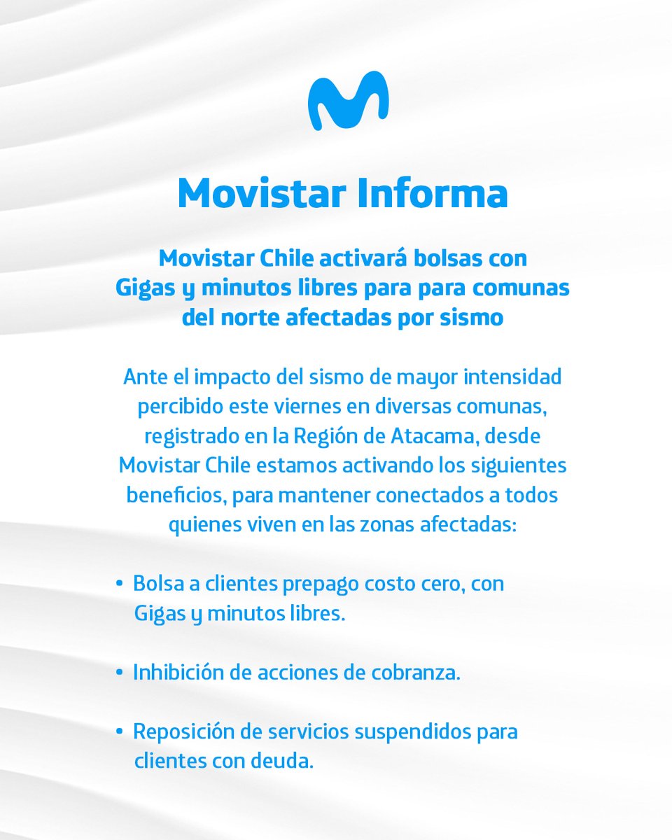 Movistar Chile activará bolsas con Gigas y minutos libres para comunas del norte afectadas por sismo.